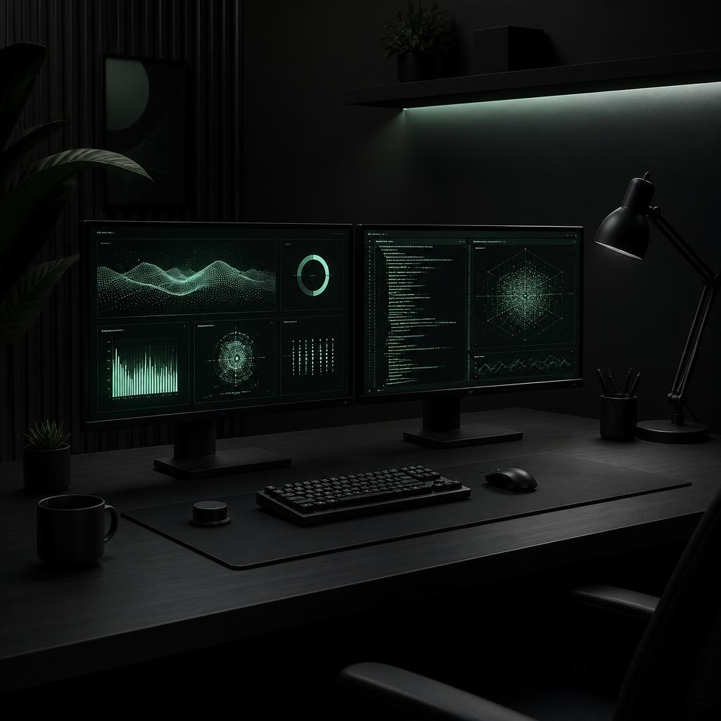 Dark modern workspace with dual monitors showing dashboards and code