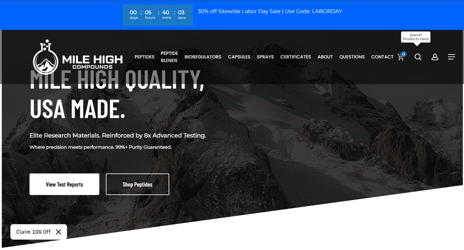 Mile High Compounds website homepage