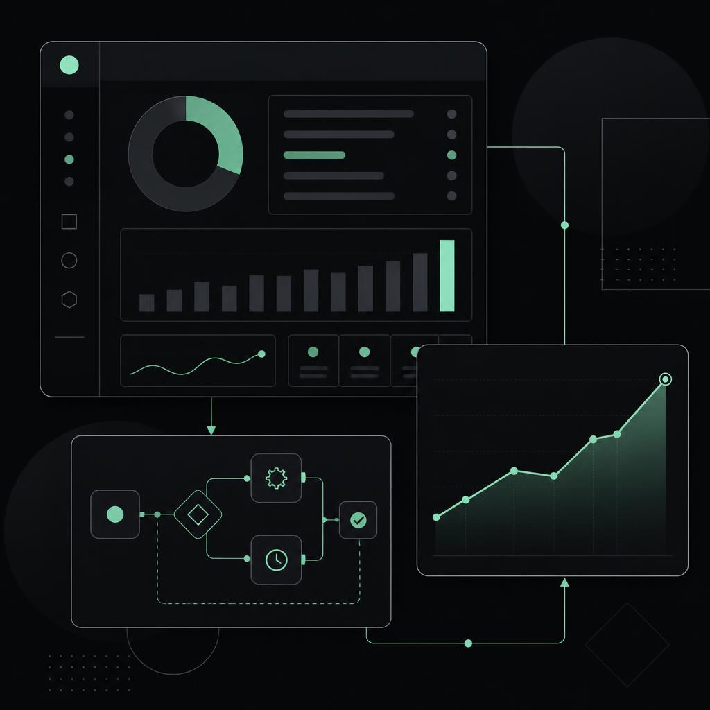 Abstract dark visual of a dashboard, automation flow and growth chart connected together