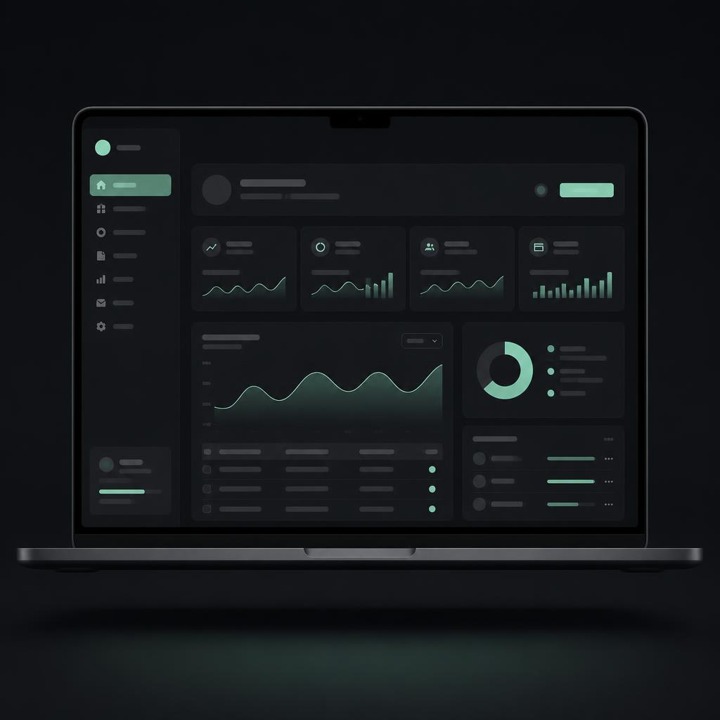 Dark website interface mockup on a laptop screen with mint accents